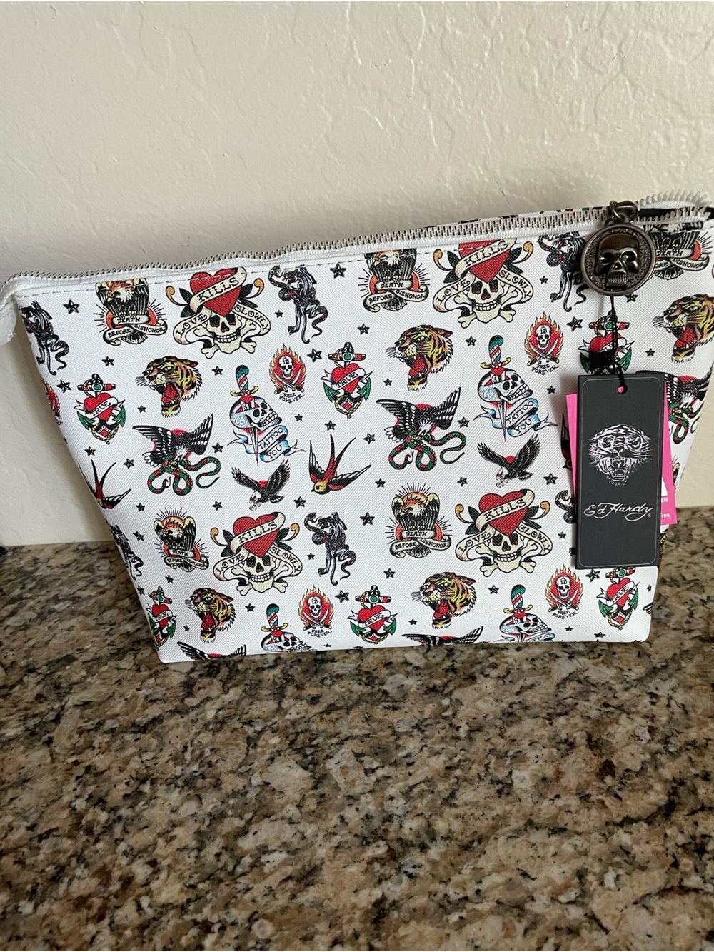 Tattoo Print Large Cosmetic Case - White with Multi-Color Designs